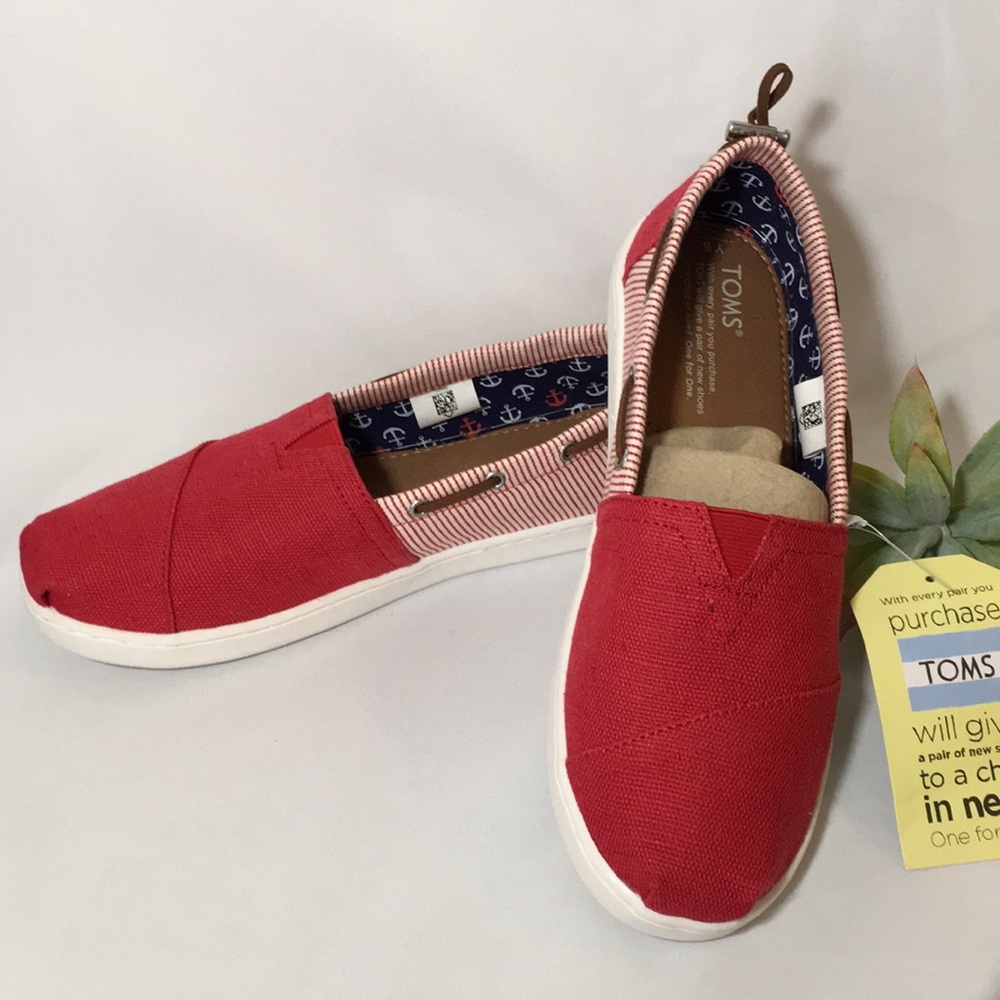Toms Red Burlap Striped Bimini Slip ons